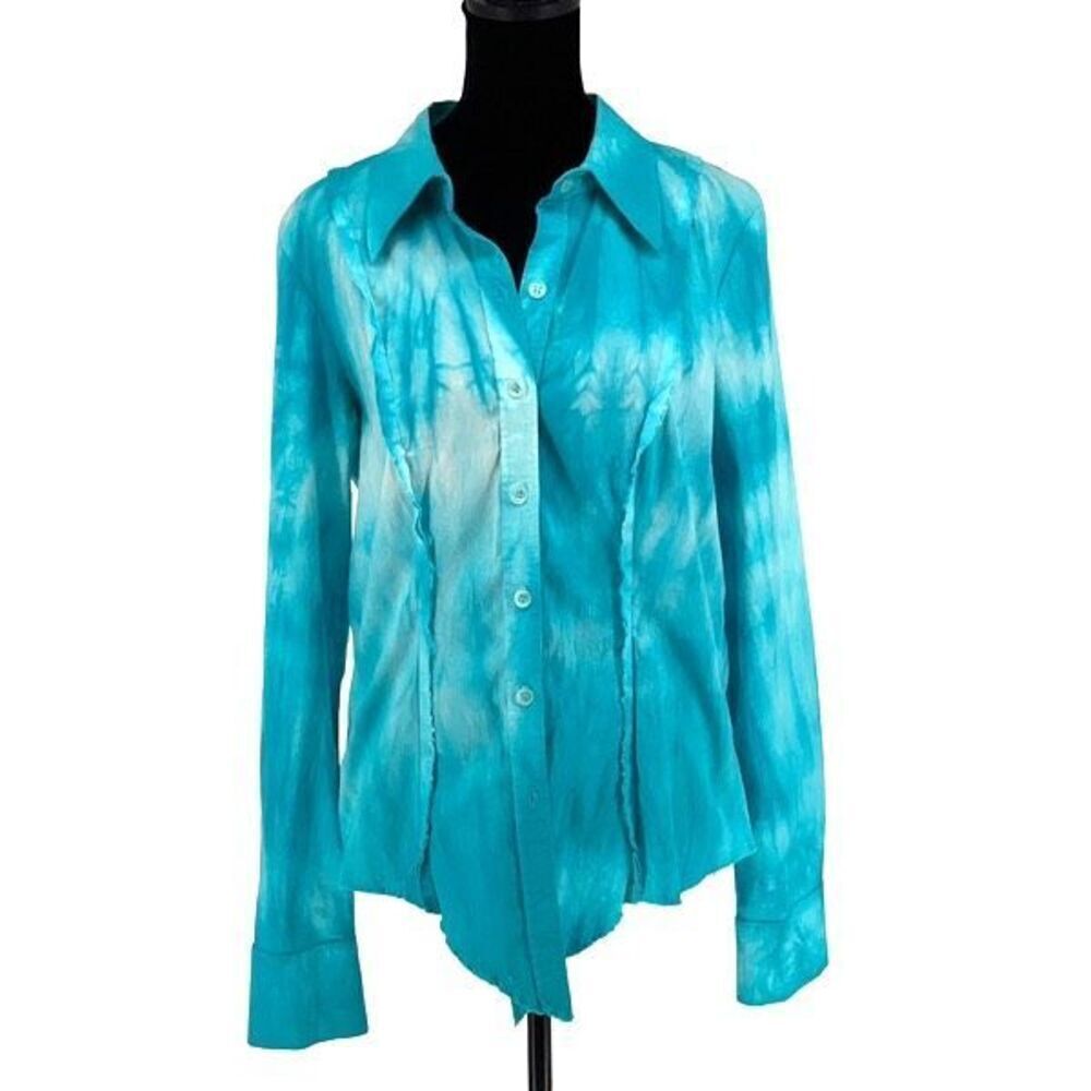 Love‎ Junkie Women’s Tie Dye Button Down Shirt Studded Cross Teal Size Large